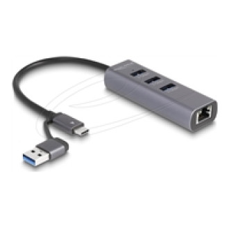 DELOCK 3 Port USB 5 Gbps Hub + Gigabit LAN mit USB Type-C oder USB Typ-A Anschluss im Metallgehäuse