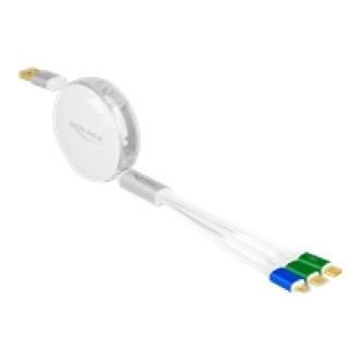 DELOCK USB 3 in 1 Aufrollladekabel Typ-A zu Micro USB / 2 x USB Type-C mit Schnellladefunktion weiss